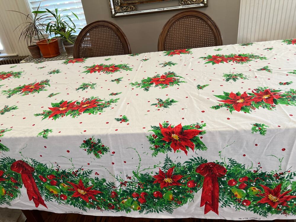 Vintage Holiday Poinsettia Print Christmas Tablecloth